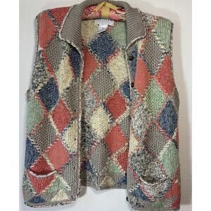 Artisan Wear Knit Patchwork Button Front Cardigan Collared Multicolor Sleeveless